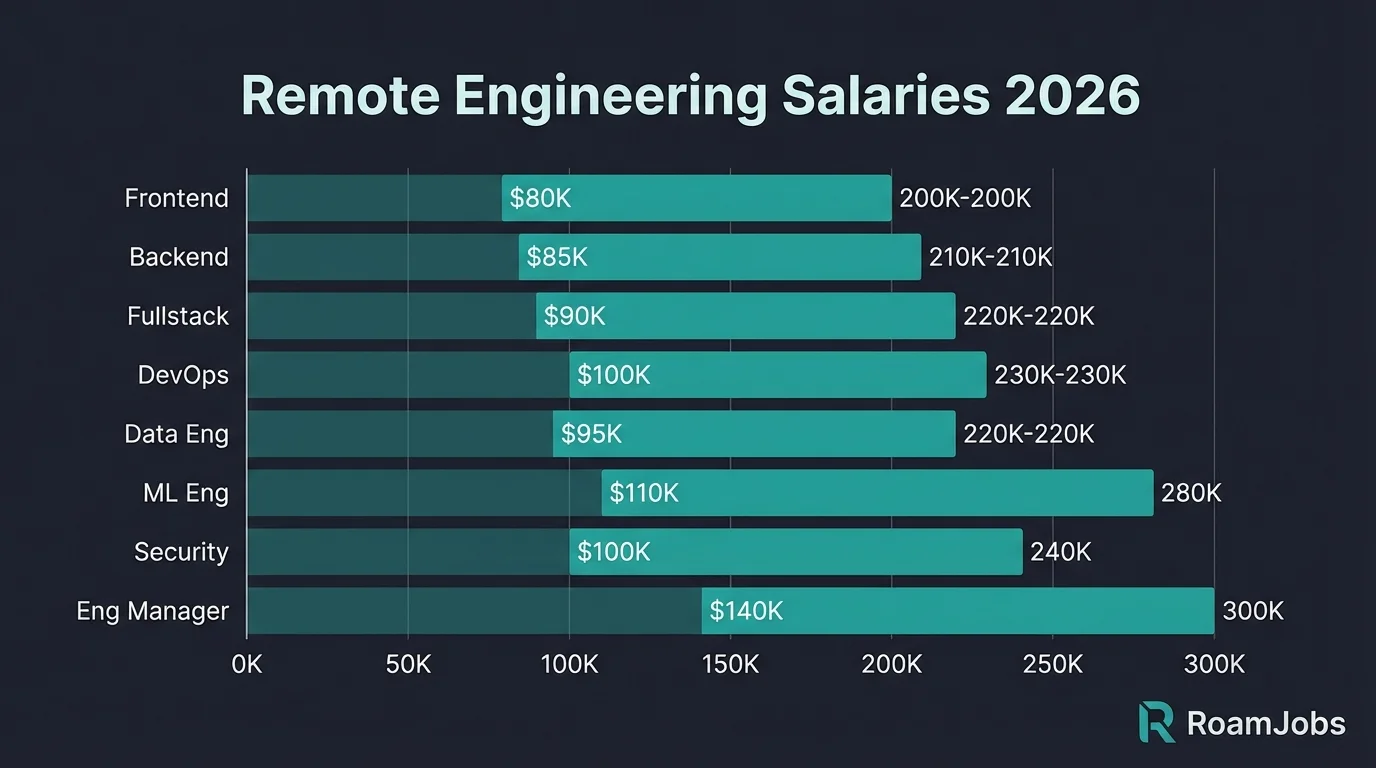 Remote Engineering Salaries 2026 - Comparison chart showing salary ranges for Frontend, Backend, Fullstack, DevOps, Data Engineer, ML Engineer, Security Engineer, and Engineering Manager roles